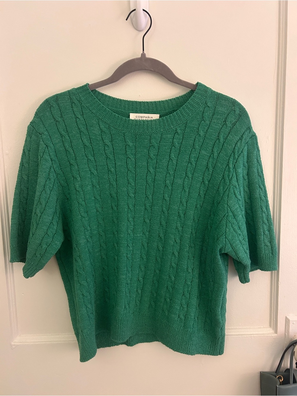 Green Cable-Knit Short-Sleeve Sweater